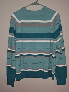 Leslie Fay Teal, Dark Teal, White & Gray Striped Crewneck Sweater
